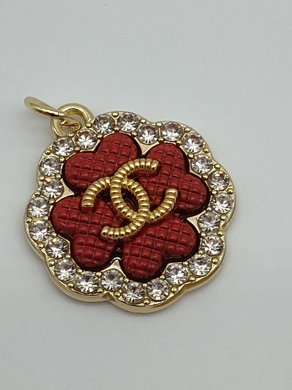 CHANEL Camellia Zipper Pull Charm Red Quilted Gold Rhinestone Accent Modern Era
